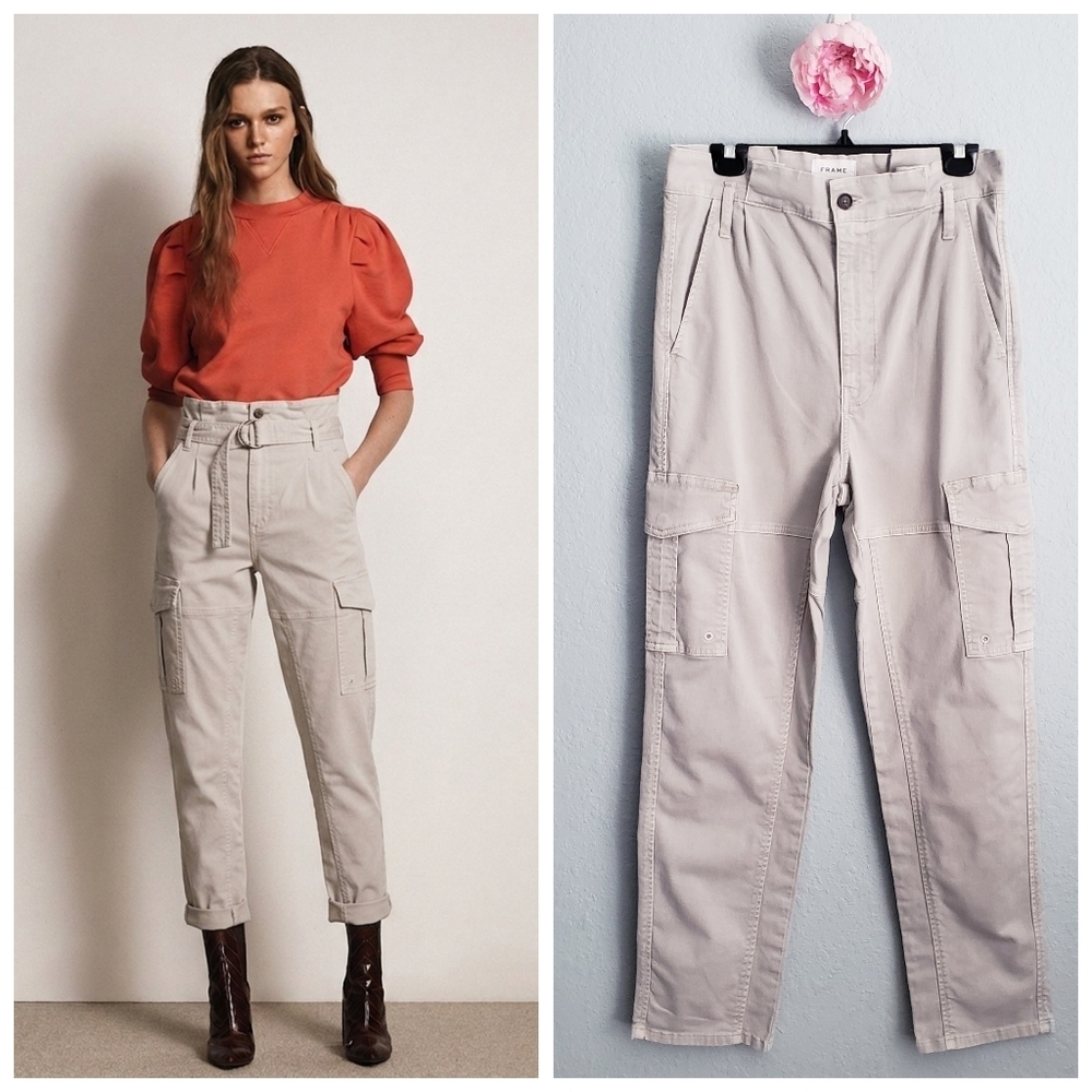 Frame Denim Washed Out Pale Olive Safari Belted Cargo Pants